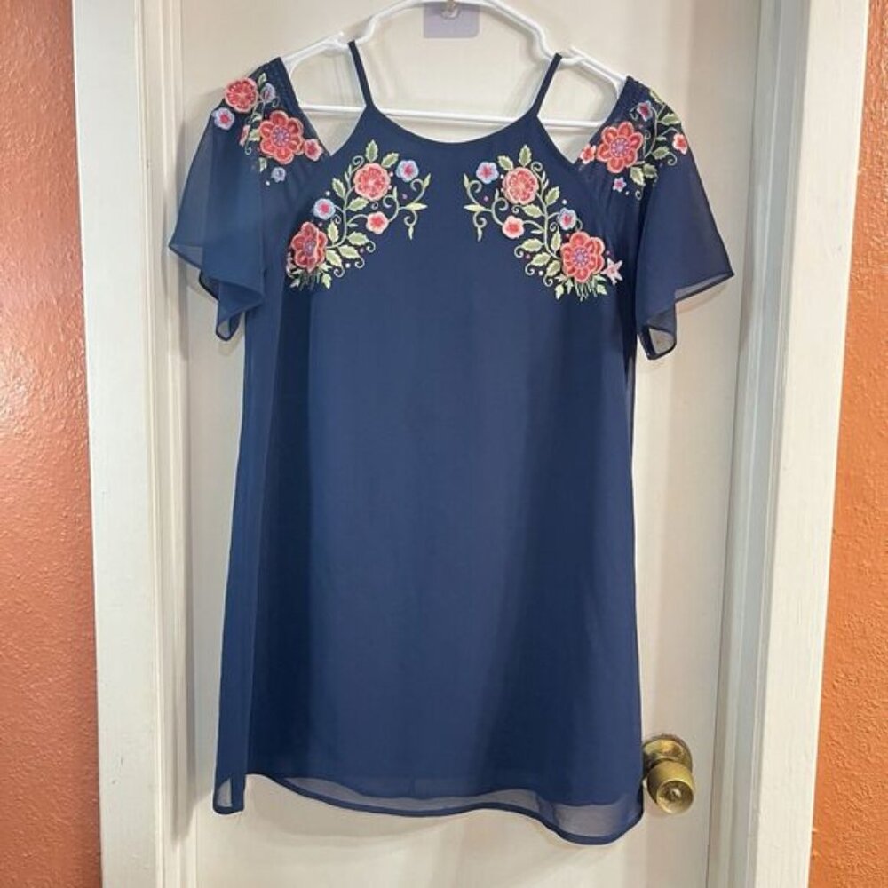 Seen Worn Kept Anthropologie dress embroidered US6 floral boho Navy Off Shoulder